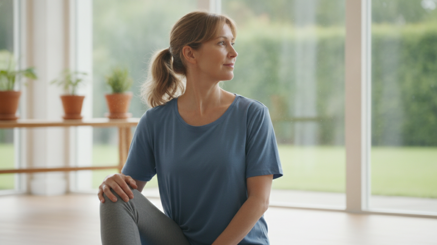 Middle-aged woman moving to relieve back pain after 50, emphasizing movement over rest.