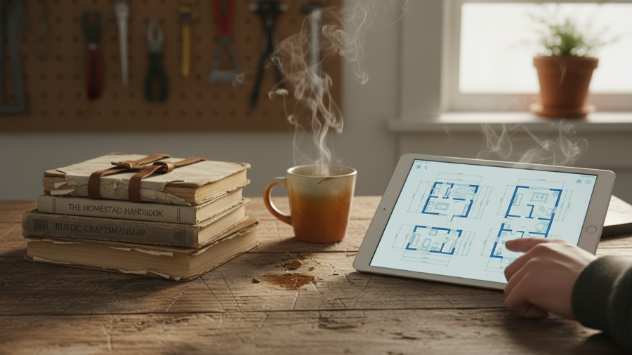 A cozy scene of vintage DIY books and modern tiny-house plans, embodying eco-friendly lifestyles.