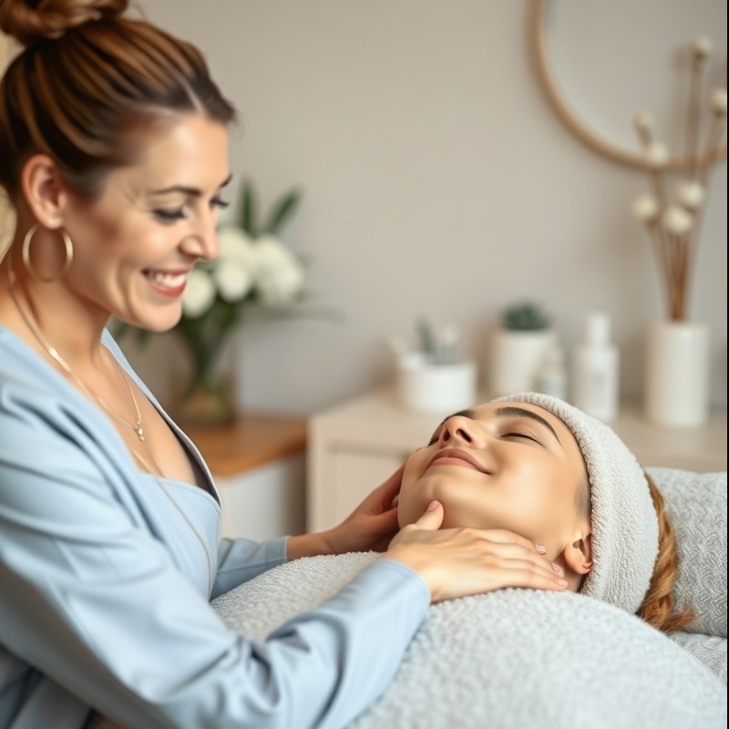  woman smiling and helping a client at the day spa 