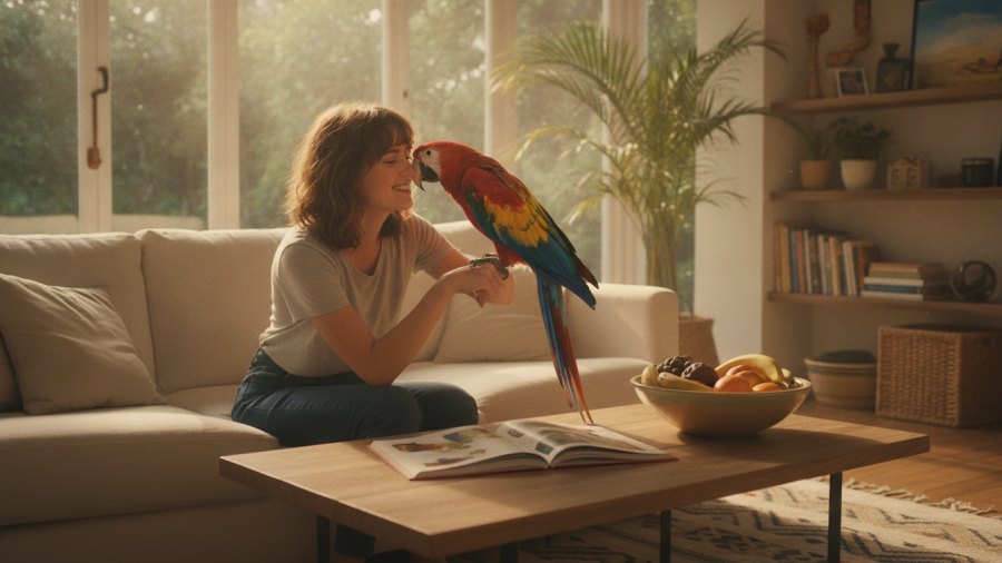Bringing home a parrot in a sunlit living room, bonding with its new owner.