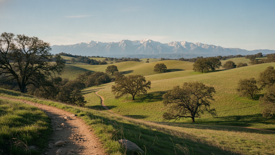 Stunning landscape of Cronan Ranch, ideal for spring hiking, showcasing rolling hills and oaks.