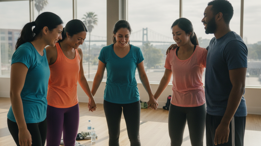 Friends support each other in a dynamic Sacramento dance fitness class.