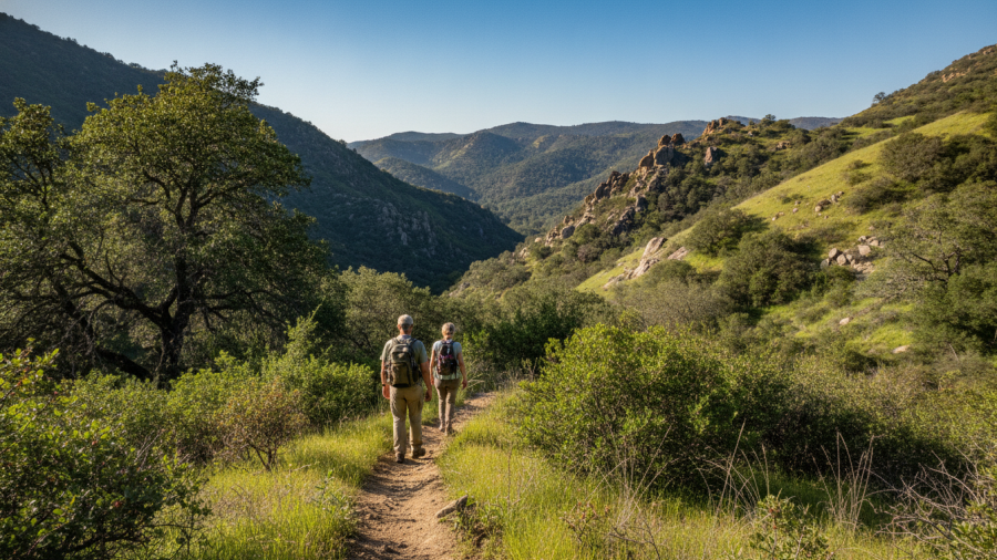 Two hikers climbing from a green canyon toward open hills at Stebbins Cold Canyon Reserve