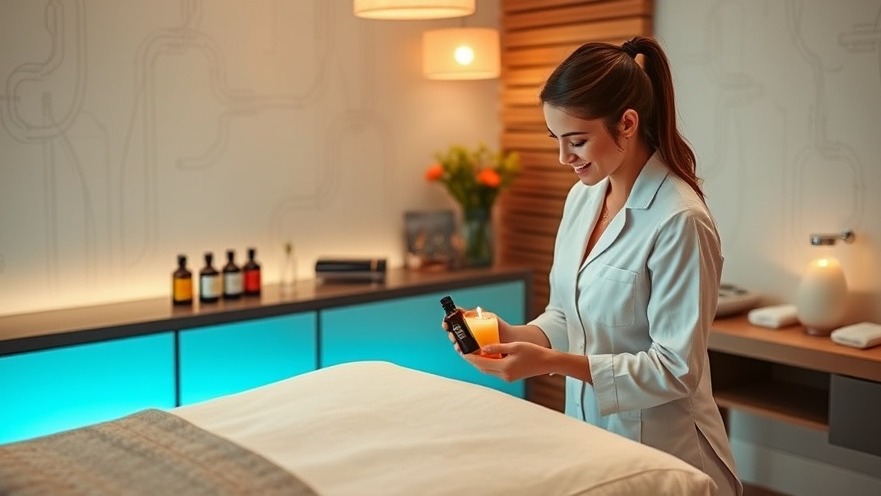 Spa professional sets up treatment room with essential oils and soft lighting.