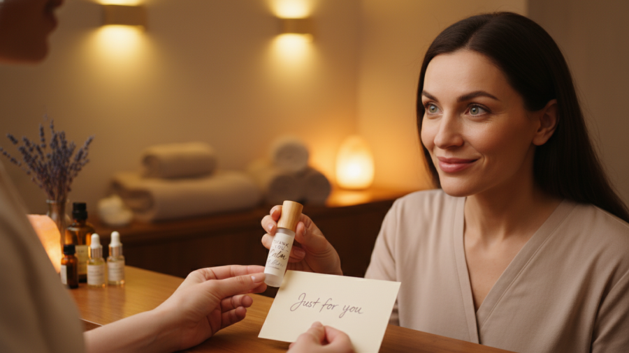 Client expresses joy after receiving a personalized thank you token for customer loyalty.