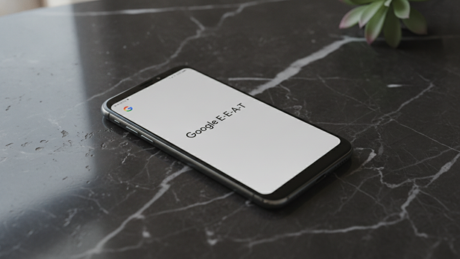 Smartphone displaying 'Google E-E-A-T' on marble surface, emphasizing spa SEO.