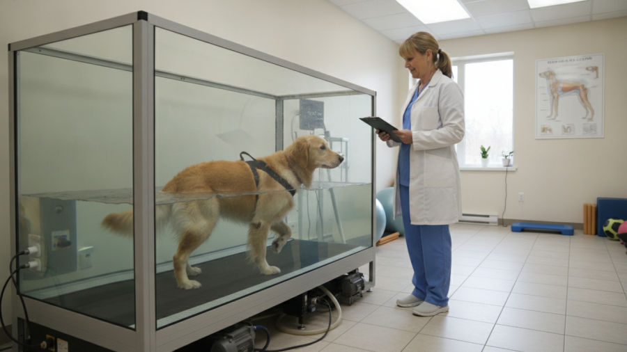 Dog undergoing canine aquatic therapy on an underwater treadmill for dogs.