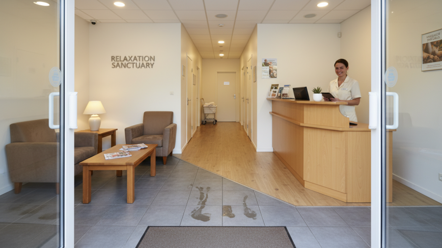 Contrast expectation vs reality in a Bellevue day spa reception area, showcasing warmth and comfort.
