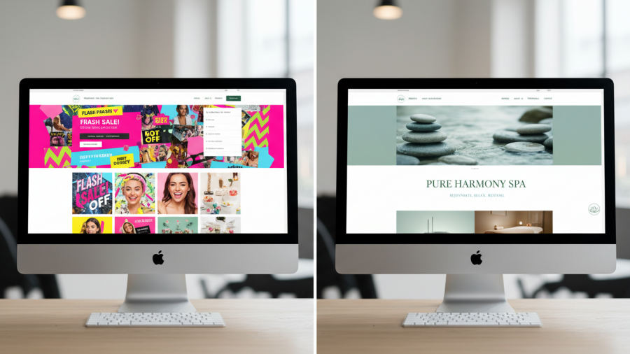 Contrast of spa website designs: cluttered neon vs. calming soft tones.