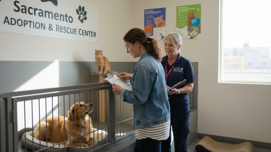 Young woman asking questions about shelter pets before adoption in Sacramento.