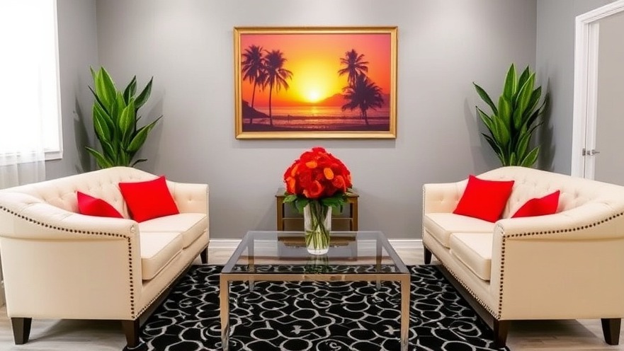 Cozy spa waiting area with tufted sofas, floral centerpiece, and sunset photo.