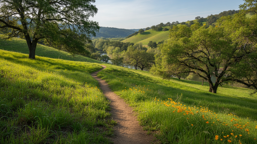 Spring view of Cronan Ranch showcasing vibrant hills and wildflowers, perfect for hiking.