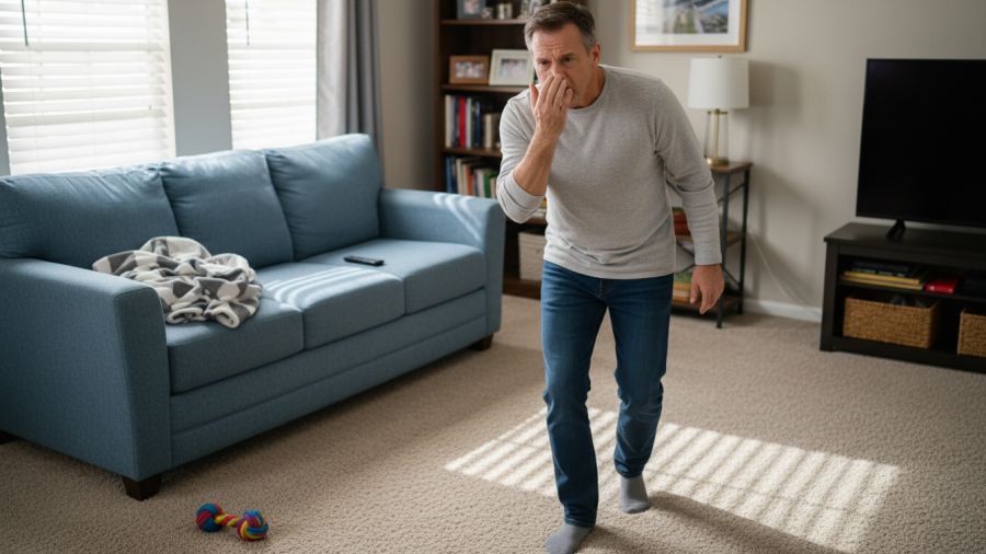 Frustrated homeowner reacts to pet urine smell returning after carpet cleaning.