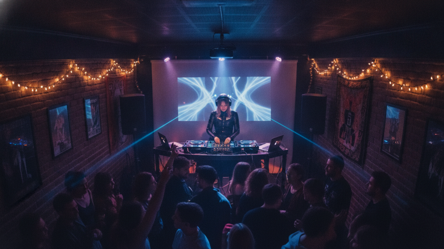 DJ curating music in a small venue, enhancing event atmosphere and connection.