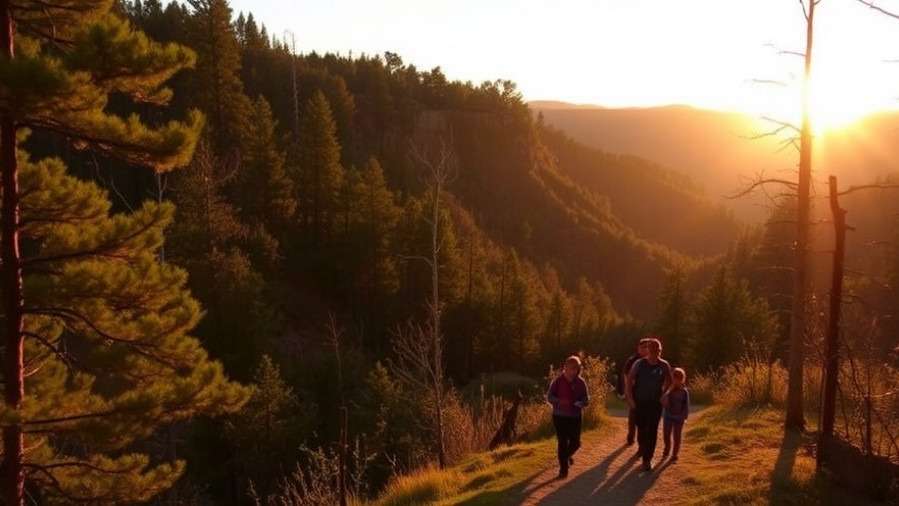 Golden-hour view of Scenic Independence Trail East with hikers in a peaceful canyon.