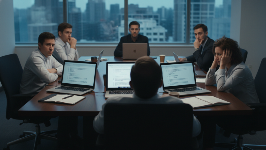 Conference table with laptops showing memos, reflecting corporate decisions and team dynamics.