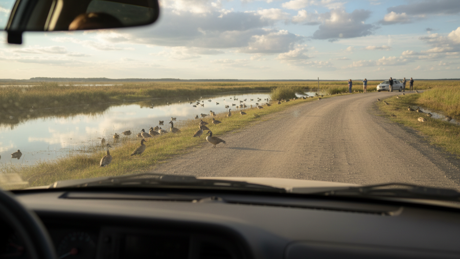 View from a car on an auto tour, showcasing wetlands and wildlife.