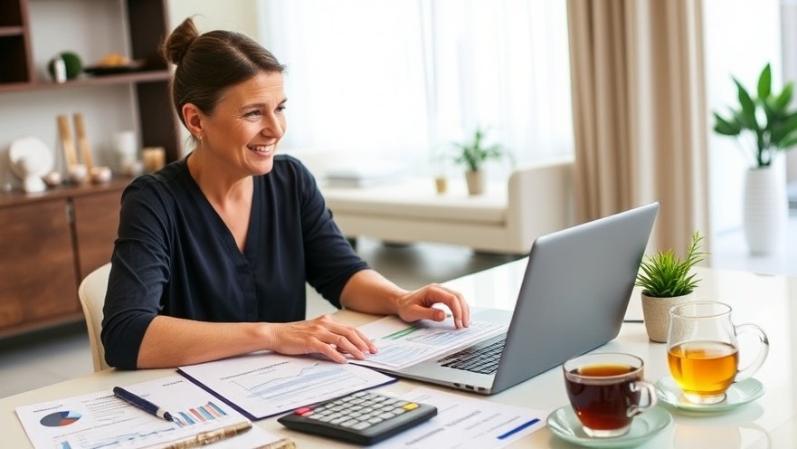 Focused day spa owner managing cash flow with charts and documents.