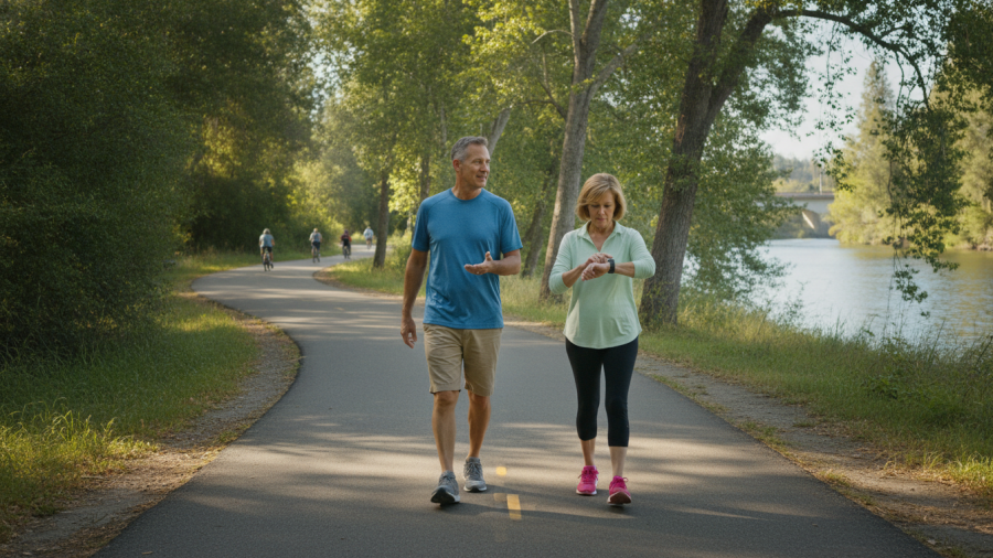 Two friends walking at American River Parkway, highlighting wellness fatigue and healthy lifestyle balance.