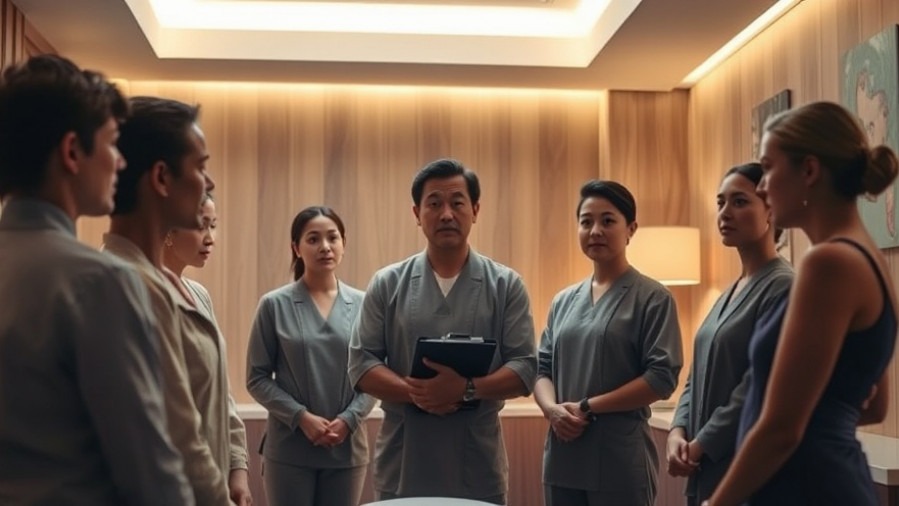 Spa team dynamics: leadership anxiety in a warm, inviting pre-shift meeting.