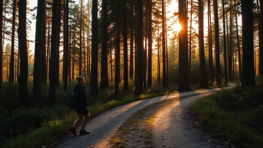Wellness professionals finding progress on a serene forest path at golden hour.