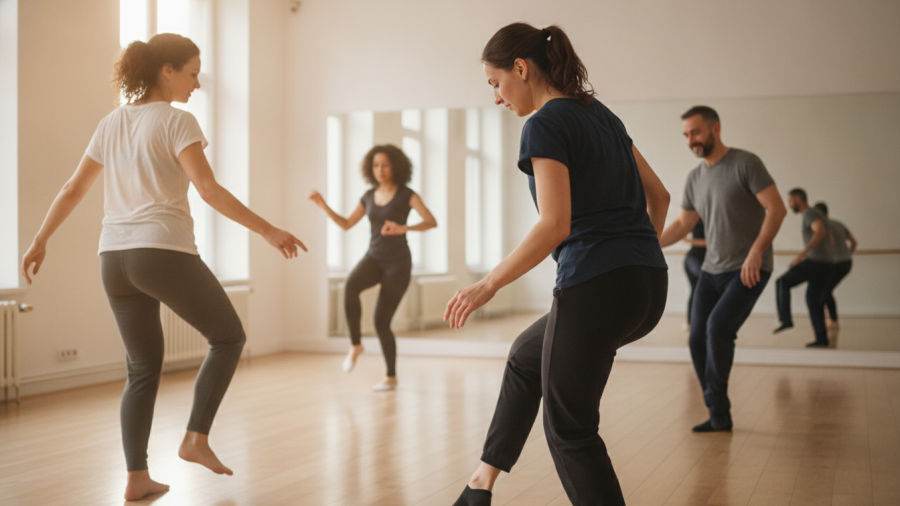 Adults enjoying a Sacramento dance fitness class, embracing movement in an inclusive community.