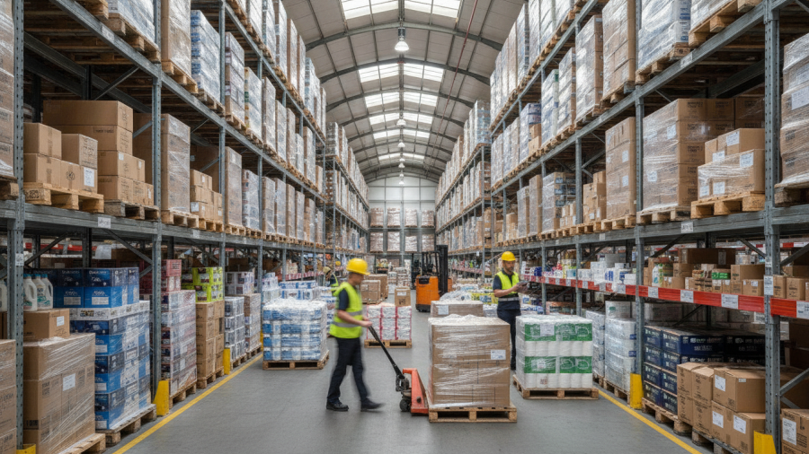 Warehouse scene showcasing consumer products' environmental impact for sustainable living in Sacramento.