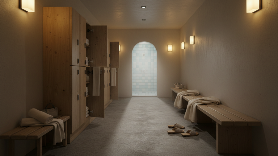 First time bathhouse Portland: welcoming locker room with towels and benches.