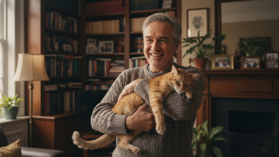 Cheerful man with cat, highlighting natural skin barrier support for dogs and cats.