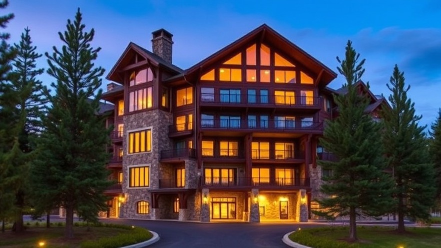 Twilight view of Dunton Colorado luxury spa lodge with glowing windows amidst pine trees.