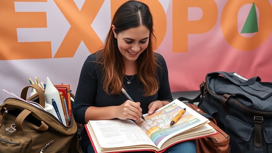 Woman journaling joyfully in her traveler's notebook near an Expo banner.