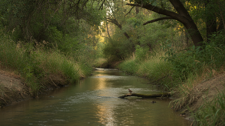 Serene view of Arcade Creek in Citrus Heights with riparian vegetation and gentle waters.
