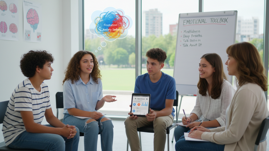 Teenagers enhancing emotional resilience and social media wellness through mindfulness.