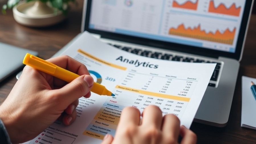Close-up of hands marking analytics report, showcasing SEO analysis tools and performance metrics.