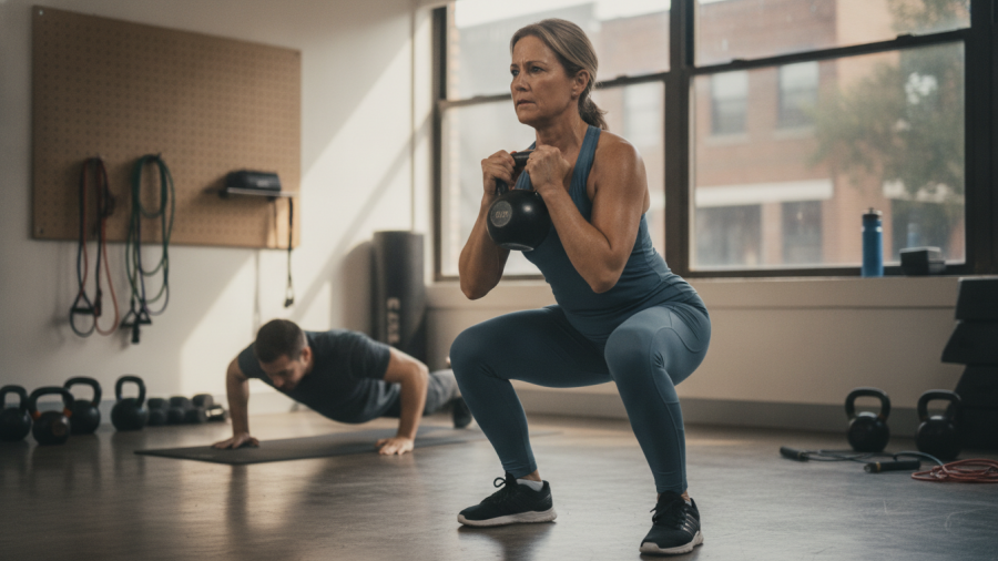Active woman demonstrating controlled goblet squat for improving flexibility and strength.