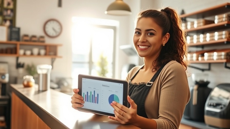 A café owner smiles with a tablet showing graphs, highlighting AI automation for business workflows.