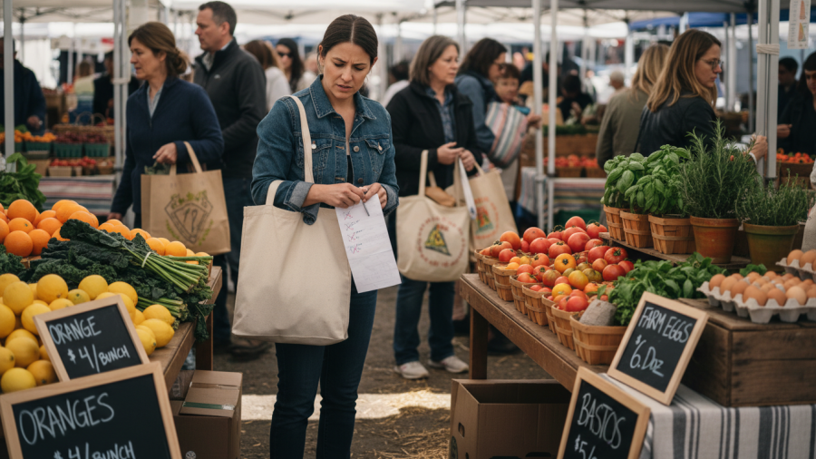 Shopper comparing fresh produce at Midtown Farmers Market Sacramento for weekly grocery shopping.