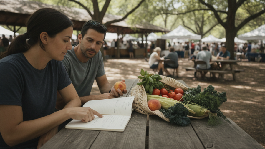 Davis Farmers Market scene of adults sharing recipes, showcasing local produce and community.