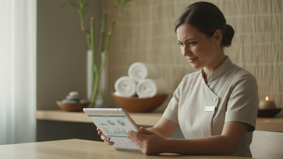 Spa staff reviews pay information on a tablet, reflecting a culture of care.