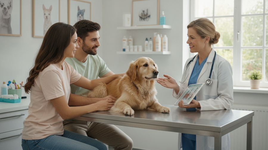 Vet discussing affordable pet medications in an examining room.