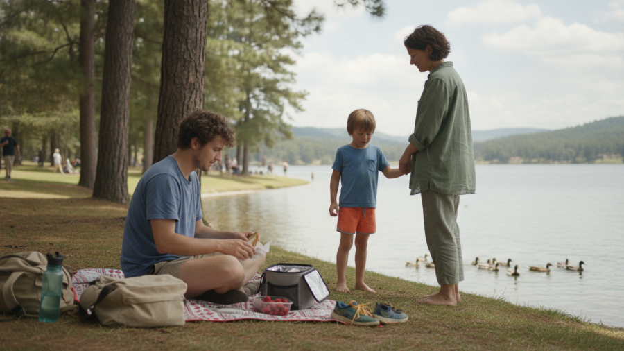 A family of three spending an easy afternoon beside a calm foothill lake. One parent sits on a picnic blanket unpacking sandwiches and fruit from a small cooler while the other parent stands near the shoreline with their elementary-school-age child, watching ducks or looking into the water.