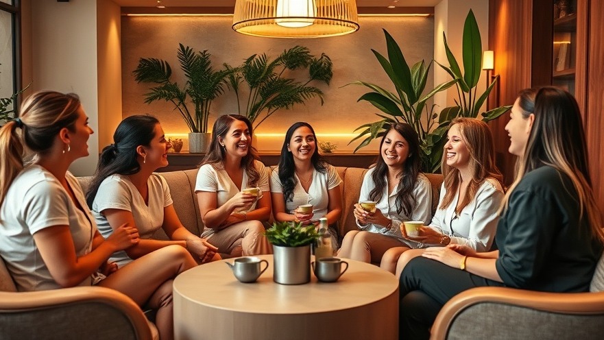 Spa team bonding with tea in a cozy, professional lounge, showcasing teamwork.