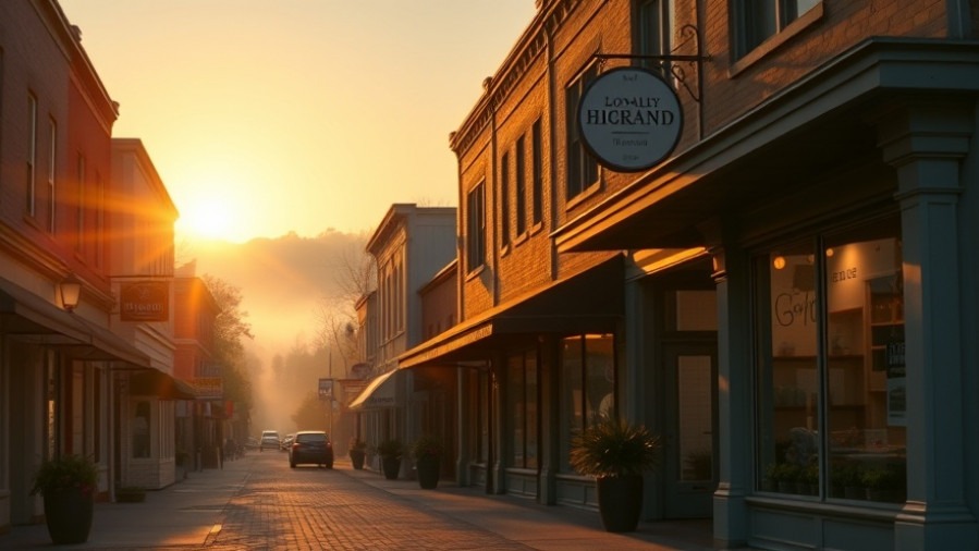 Warm sunrise over small-town shops symbolizing purpose-driven marketing opportunities.