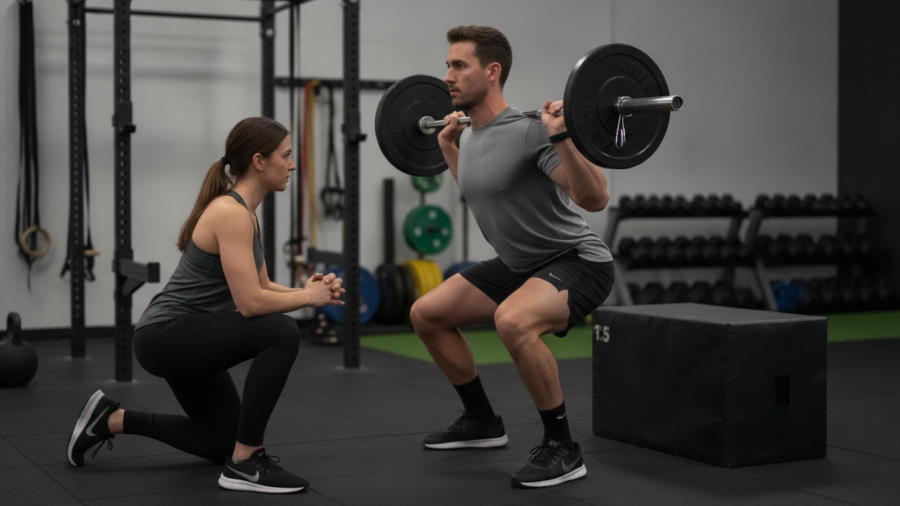 Athlete performing a barbell split squat while a therapist observes biomechanics.