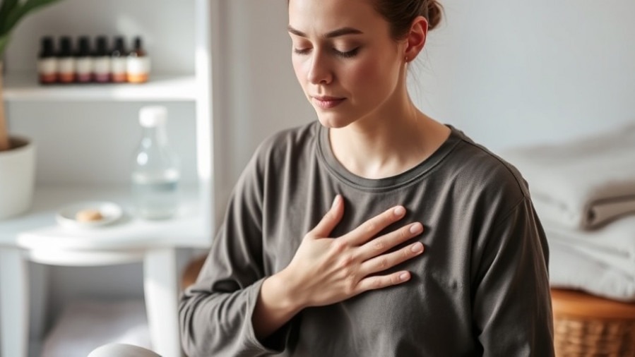 Spa owner practicing grounding breath, surrounded by essential oils and natural light.
