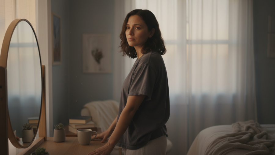 Reflective moment in neutral tones, conveying mindset shifts on weight regain.