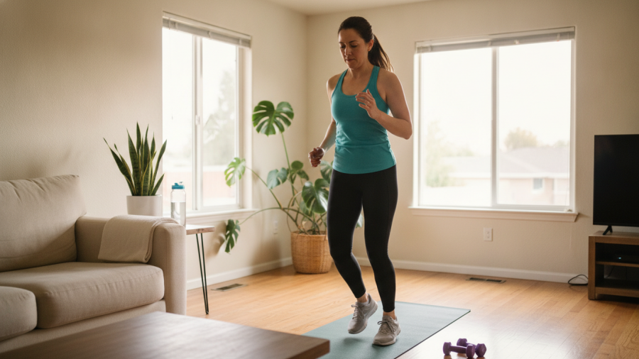 Woman enjoying cardio exercises without a jump rope in her cozy Sacramento living room.
