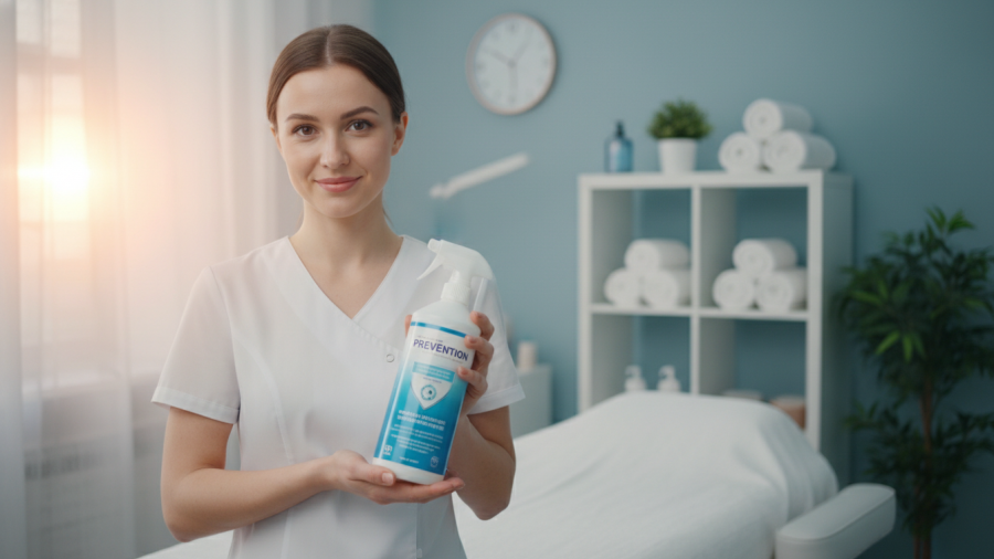 Spa professional using eco-friendly disinfectants for a clean, inviting space.