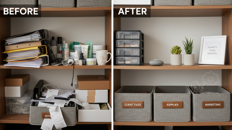 Transform your spa with organized back-office shelves: before and after.