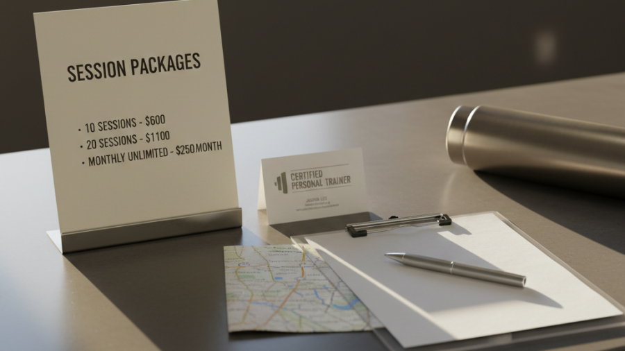 Personal trainer tips displayed on a gym reception counter in Sacramento.